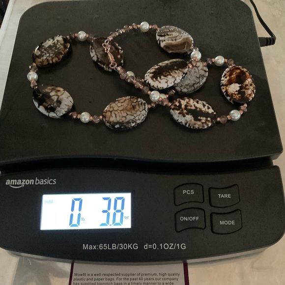 Jasper necklace. Handmade. Black, brown, white, gold. 25.5 inches long. - Picture 8 of 9